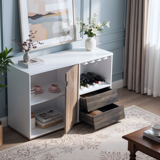 Sunvega White & Dark Taupe Distressed Grey Wooden Cabinet with Drawer and Glass Rack