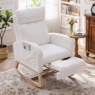 Sunvega Teddy Fabric Rocking Chair With Wood Legs For Living Room And Bedroom
