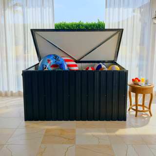 Sunvega Outdoor Metal Storage Box with Wood Texture and Spacious 161-Gallon Capacity