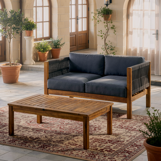 Sunvega Modern Acacia Wood Rattan Loveseat Set with Water-Resistant Cushions