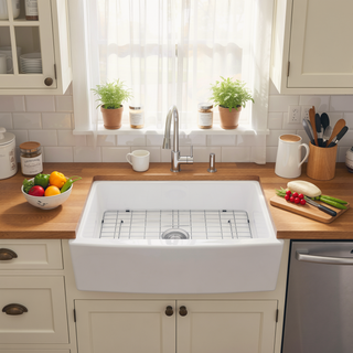 Sunvega 33 Inch White Porcelain Ceramic Farmhouse Kitchen Sink Workstation with Reversible Apron