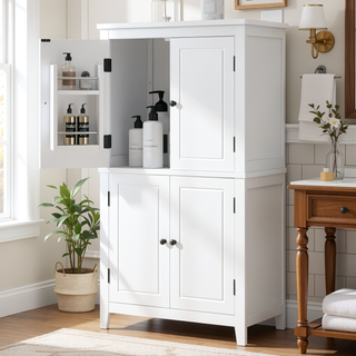 Sunvega Freestanding Bathroom Storage Cabinet with 4 Doors and Adjustable Shelves