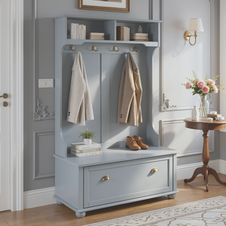 Sunvega Classic Coastal Style Entryway Bench with Open Shelves and Shoe Storage Cabinets