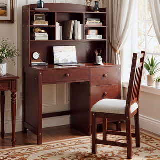 Sunvega Vintage 40 Inch Executive Desk and Upholstered Chair Set with Bookshelf