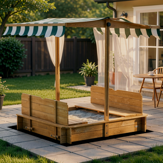 Sunvega Kids Wooden Sandbox with Adjustable Canopy Foldable Bench Seats and Bottom Liner