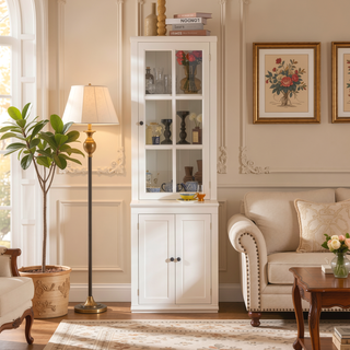 Sunvega Freestanding Farmhouse Pantry Cabinet with Tempered Glass Door and Lattice Window