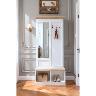 Sunvega Light Oak and White Finish Hall Tree with Mirror and Bench Storage Compartments