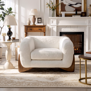 Sunvega Modern Puffy Platform Bed with Arched Headboard in Ivory White Boucle