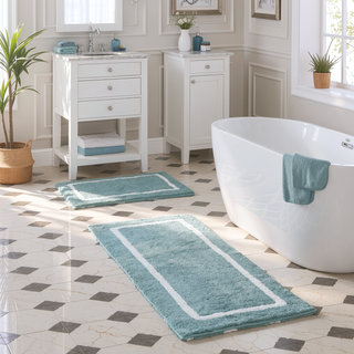 Sunvega Reversible High Pile Tufted Microfiber Bath Rug with Geometric Square and Stripes