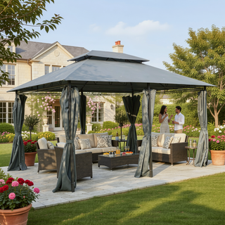 Sunvega 10 x 13 Outdoor Gazebo Canopy Shelter with Vented Roof and Sage Gray Curtains