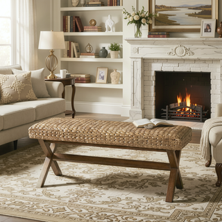 Sunvega Chestnut Wood Finish Seagrass Woven Dining or Bedroom Bench