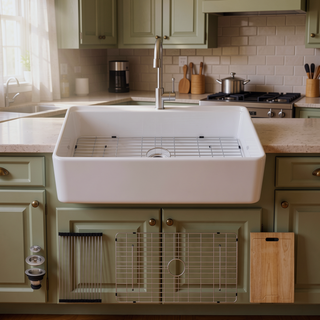 Sunvega 33 Inch White Porcelain Ceramic Farmhouse Kitchen Sink Workstation with Reversible Apron