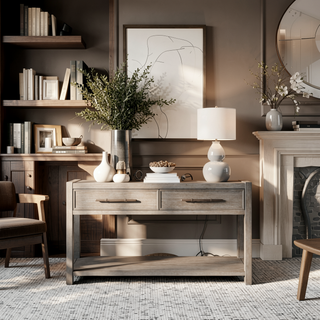Sunvega White Oak Finish Sofa Table with Two Drawers and One Shelf