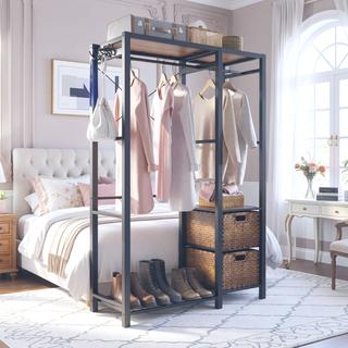 Sunvega Acacia Wood Garment Rack with Shelves 2 Wicker Drawers and 4 Hooks