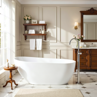 Sunvega 59 Inch Acrylic Freestanding Soaking Tub with Gold Overflow Drain