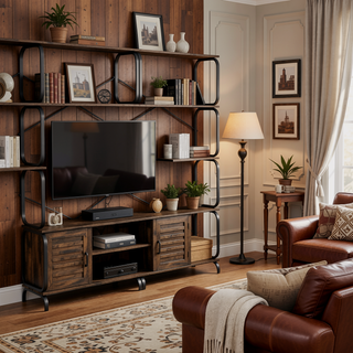 Sunvega Vintage Industrial Style 5 Tier Large Bookcase with White Metal Frame for Living Room