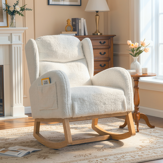 Sunvega Teddy Fabric Rocking Chair With Wood Legs For Living Room And Bedroom