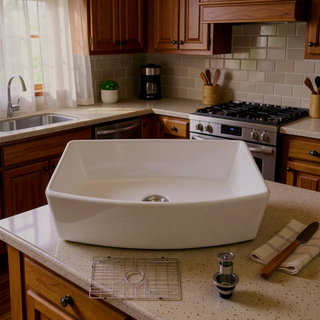 Sunvega 33 Inch White Porcelain Ceramic Farmhouse Kitchen Sink Workstation with Reversible Apron