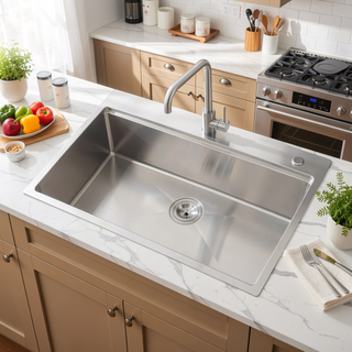 Sunvega 32x19 Inch Overmount Single Bowl Kitchen Sink in Brushed Nickel