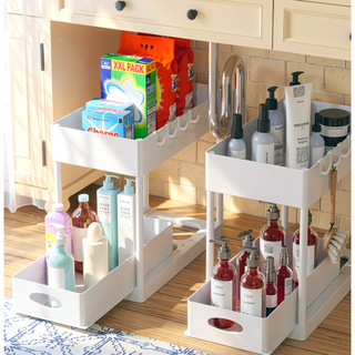 Sunvega White Two-Tier Extendable Sink Shelf for Maximizing Cabinet Storage Space