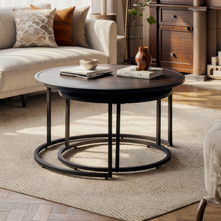 Sunvega Modern Faux Leather Round Nesting Coffee Table with Golden Metal Base Set of 2