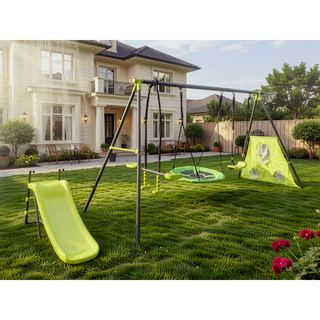 Sunvega Saucer Swingset with Mini Slide Net Swing for Outdoor Playground Age 3+