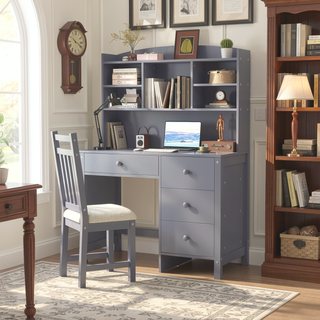 Sunvega Vintage 40 Inch Executive Desk and Upholstered Chair Set with Bookshelf