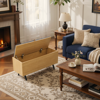 Sunvega Modern Light Oak Accent Storage Bench with Lift Top and Splayed Metal Legs