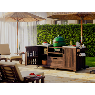 Sunvega 66.5" Solid Fir Wood Outdoor Kitchen Island Cart with Stainless Steel Top for Big Green Egg Grills