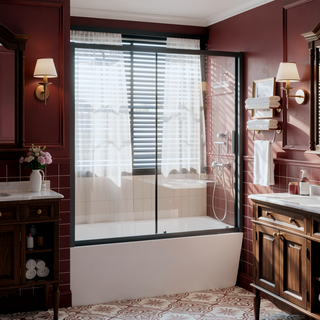 Sunvega 60x62 Inch Adjustable Sliding Shower Door with Tempered Glass and Black Frame