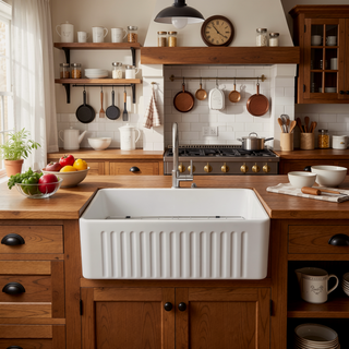 Sunvega 33 Inch White Porcelain Ceramic Farmhouse Kitchen Sink Workstation with Reversible Apron