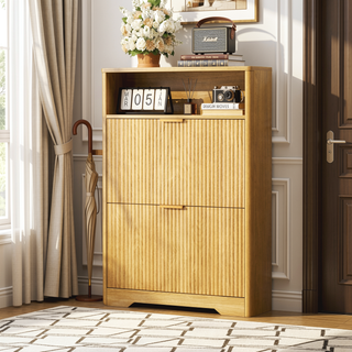 Sunvega Tall Modern Minimalist Shoe Cabinet with Two Flip Drawers and Wave-Patterned Panel