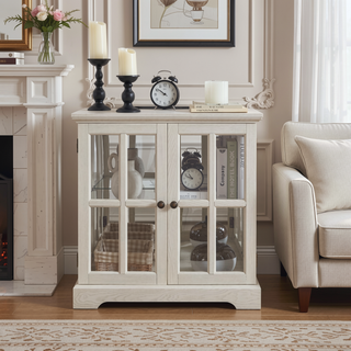 Sunvega Retro LED Curio Display Cabinet with Adjustable Glass Shelves and Magnetic Closure