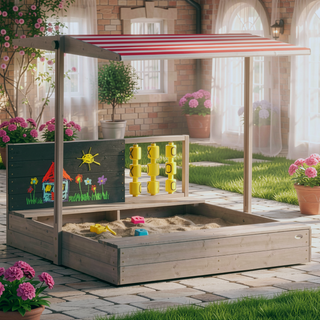 Sunvega Kids Sandbox with Adjustable Canopy Lid Bench and Chalkboard Games