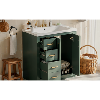 Sunvega 30 Inch Solid Wood Freestanding Bathroom Vanity with Ceramic Sink and Storage