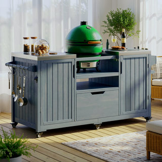 Sunvega 66.5" Solid Fir Wood Outdoor Kitchen Island Cart with Stainless Steel Top for Big Green Egg Grills