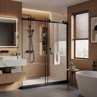 Sunvega Frameless Single Sliding Shower Door with Clear Tempered Glass and Matte Black Finish