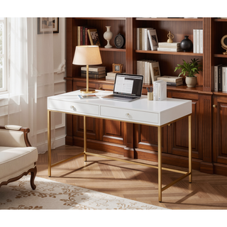 Sunvega White High Gloss Gold Finish Contemporary Vanity Desk with 2 Storage Drawers
