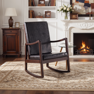 Sunvega Dark Brown Synthetic Leather and Espresso Finish Rocking Chair with Upholstered Cushions