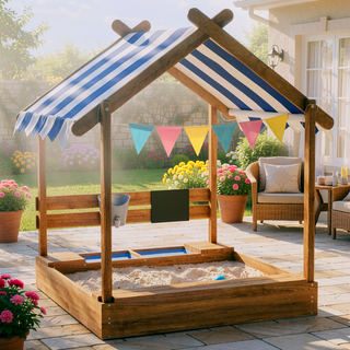 Sunvega Wooden Sandbox with Canopy House Design and Play Set for Kids