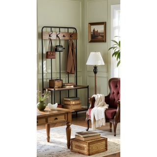 Sunvega Dark Brown Iron and Mango Wood Hall Tree with Four Hooks