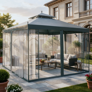 Sunvega Patio Gazebo with Corner Shelves Double Roof Canopy and Mesh Netting