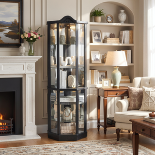 Sunvega Antique Glass Corner Cabinet with Adjustable Shelves and Built-in Light