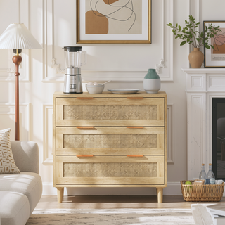 Sunvega Modern Oak Rattan Storage Cabinet with 3 Deep Drawers for Bedroom Living Room