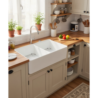 Sunvega 33 Inch White Porcelain Ceramic Farmhouse Kitchen Sink Workstation with Reversible Apron
