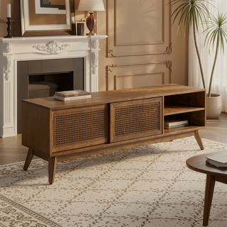Sunvega Mid Century Modern Rattan Sideboard Cabinet with Adjustable Shelves and Solid Wood Feet