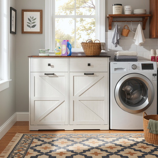 Sunvega Farmhouse Barn Door Style Trash Cabinet for 2 x 10 Gallon Cans