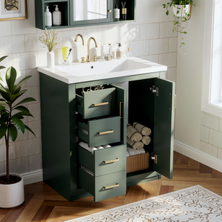 Sunvega 30 Inch Solid Wood Freestanding Bathroom Vanity with Ceramic Sink and Storage