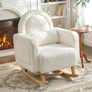 Sunvega Cream White Teddy Velvet Accent Rocking Chair with Curved Back and Pillow