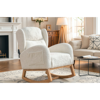 Sunvega Teddy Fabric Rocking Chair With Wood Legs For Living Room And Bedroom